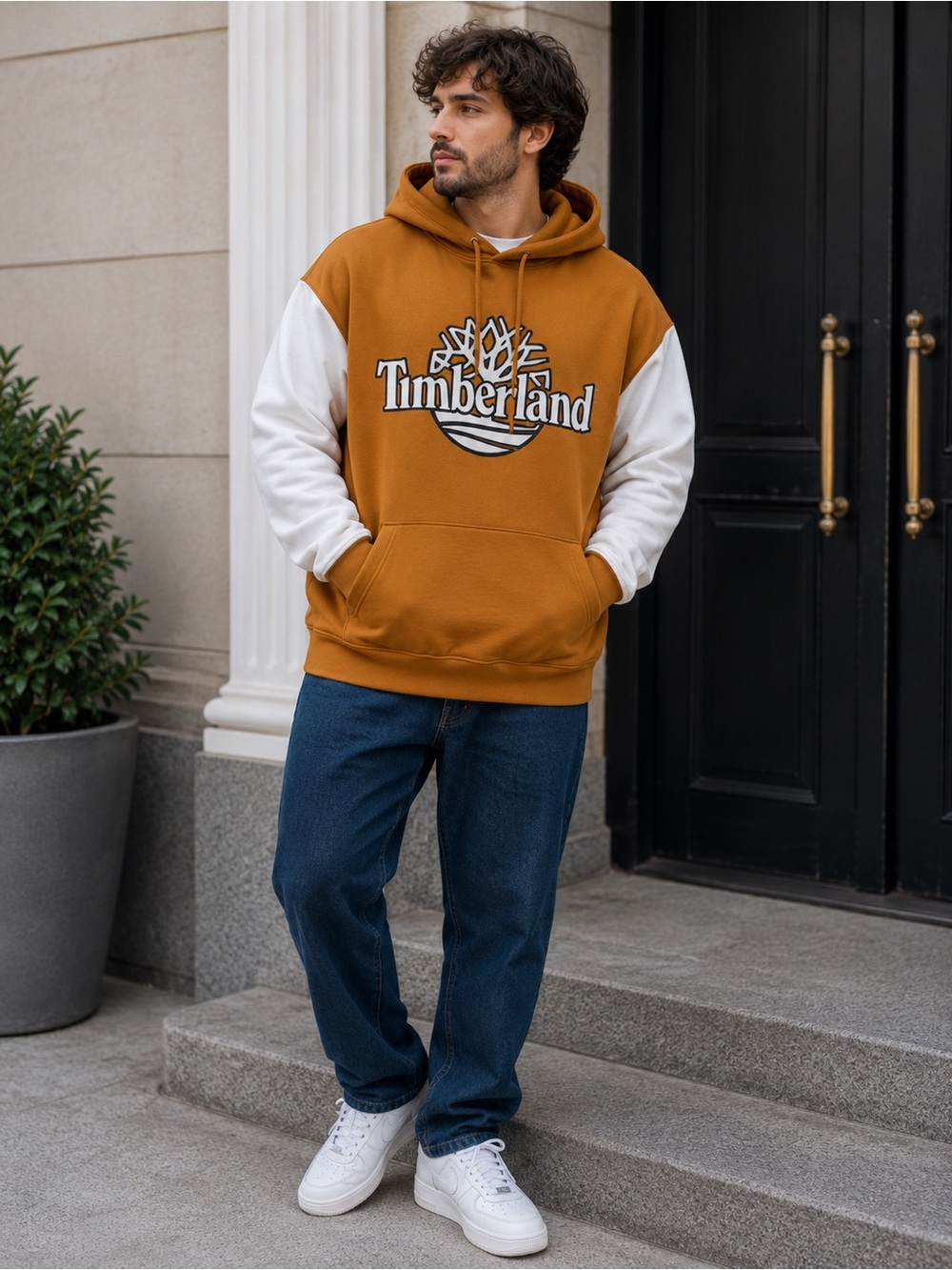 Timberland Men’s XL Brown White Colorblock Logo Pullover Hoodie Sweatshirt